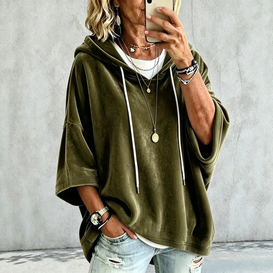 Damen Kurzärmeliges Oversize-Samt-Kapuzenoberteil mit Kordelzug Nord Taschen