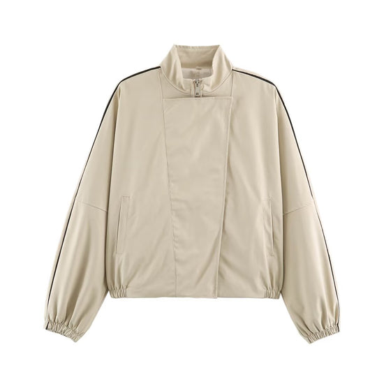 Damen Oversize Bomberjacke im Blouson‑Stil mit hohem Stehkragen, verdecktem Reißverschluss und Kontrastpaspel Nord Taschen