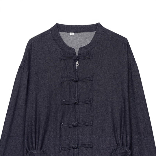 Damen Cropped Jeansjacke im China‑Stil mit Mandarinkragen und Knotenverschlüssen Nord Taschen