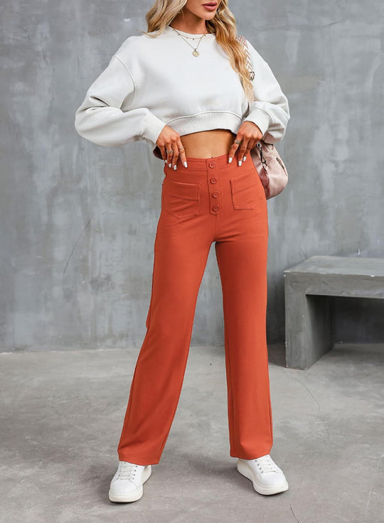 Damen Hochtaillierte weite Hose mit Knopfleiste und aufgesetzten Taschen Nord Taschen