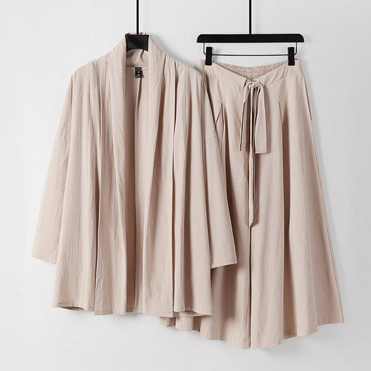 Damen Zweiteiliges Lounge-Set im Kimono-Stil mit offenem Schalkragen und weitem Palazzo-Hosenrock Nord Taschen
