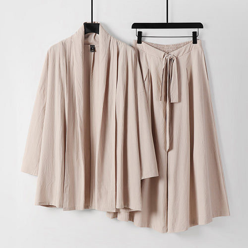 Damen Zweiteiliges Lounge-Set im Kimono-Stil mit offenem Schalkragen und weitem Palazzo-Hosenrock Nord Taschen
