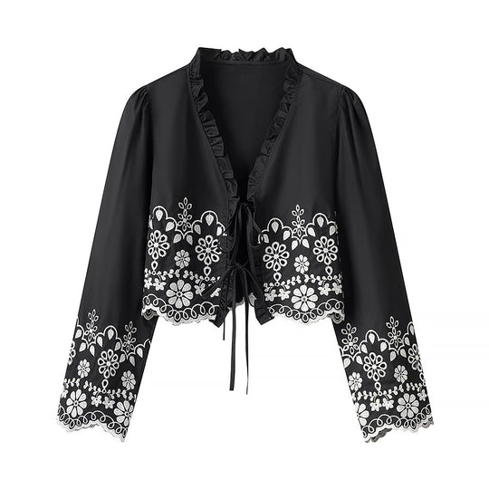 Damen Besticktes Kurzbolero mit Rüschen-V-Ausschnitt und Schnürverschluss Nord Taschen