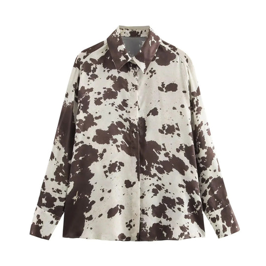 Damen 70+ weite seidige Hemdbluse mit Cow‑Print und verdeckter Knopfleiste Nord Taschen