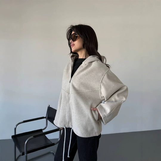 Damen Oversize Kapuzenjacke mit Reißverschluss und Tunnelzugsaum Nord Taschen