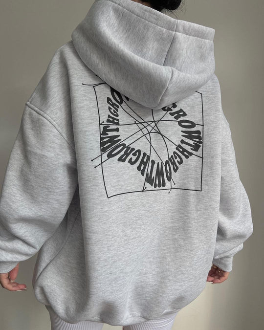 Damen Oversized Kapuzenpullover mit abstraktem Rückenprint und gerippten Bündchen Nord Taschen