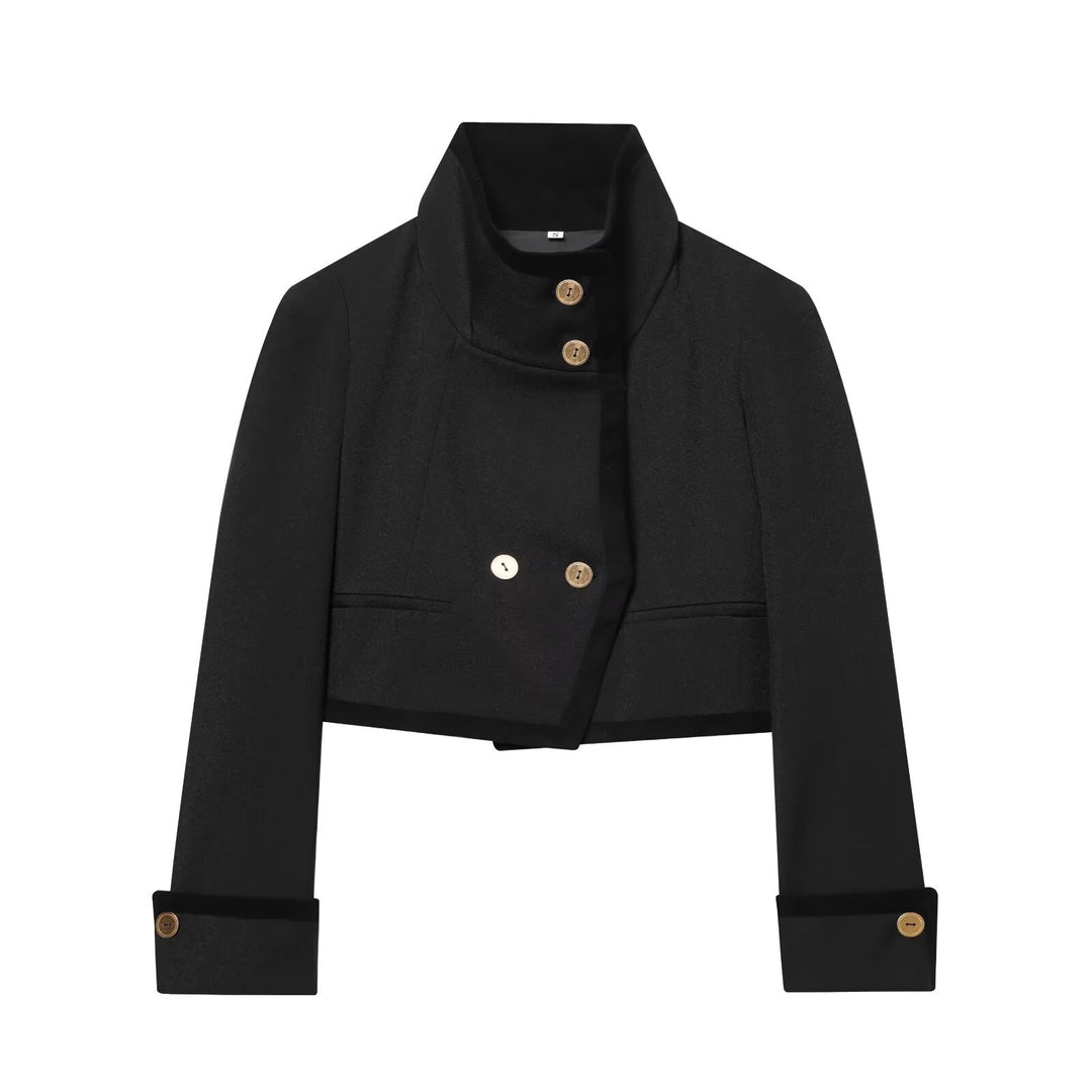 Damen Kurze Cropped-Boxy-Jacke mit hohem Stehkragen und dekorativen Metallknöpfen Nord Taschen