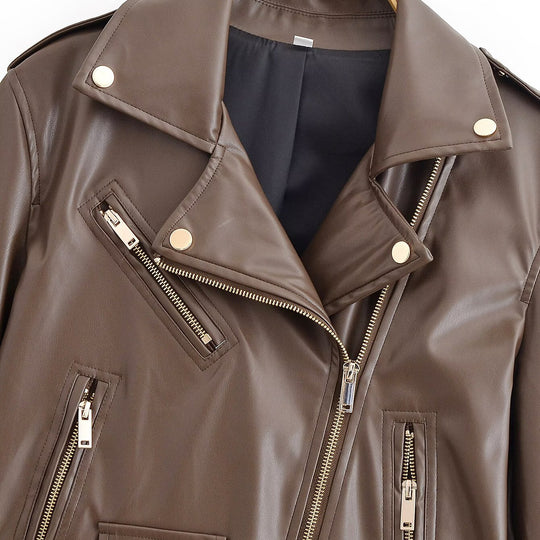 Damen Bikerjacke aus Lederimitat mit asymmetrischem Reißverschluss, Taillengürtel und goldfarbenen Details Nord Taschen
