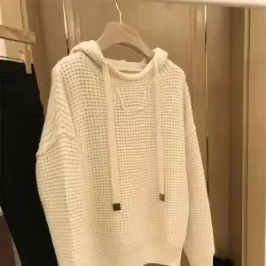 Damen Grobgestrickter Oversize-Kapuzenpullover mit Waffelstruktur und Kordelzug Nord Taschen