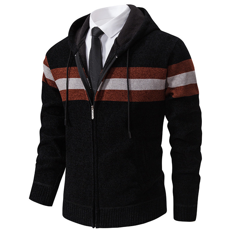 Herren Gestrickte Kapuzen-Strickjacke mit Kontraststreifen und Reißverschluss Nord Taschen