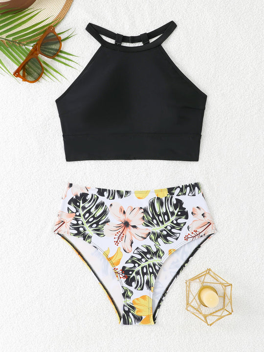 Damen Sportlicher Bikini-Set mit hohem Bund und rückenfreier Oberseite