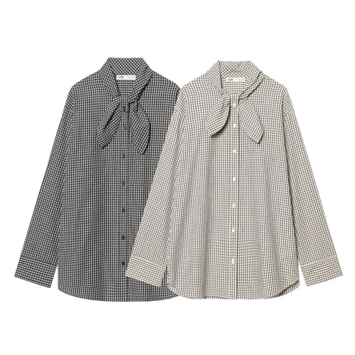 Damen Kariertes Blusenshirt mit Schleifenkragen und lässiger Passform Nord Taschen