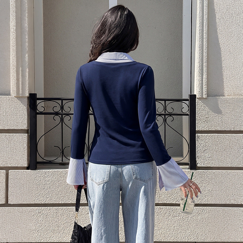 Damen Tailliertes Layering-Langarmshirt mit Hemdblusenkragen und ausgestellten Manschetten Nord Taschen