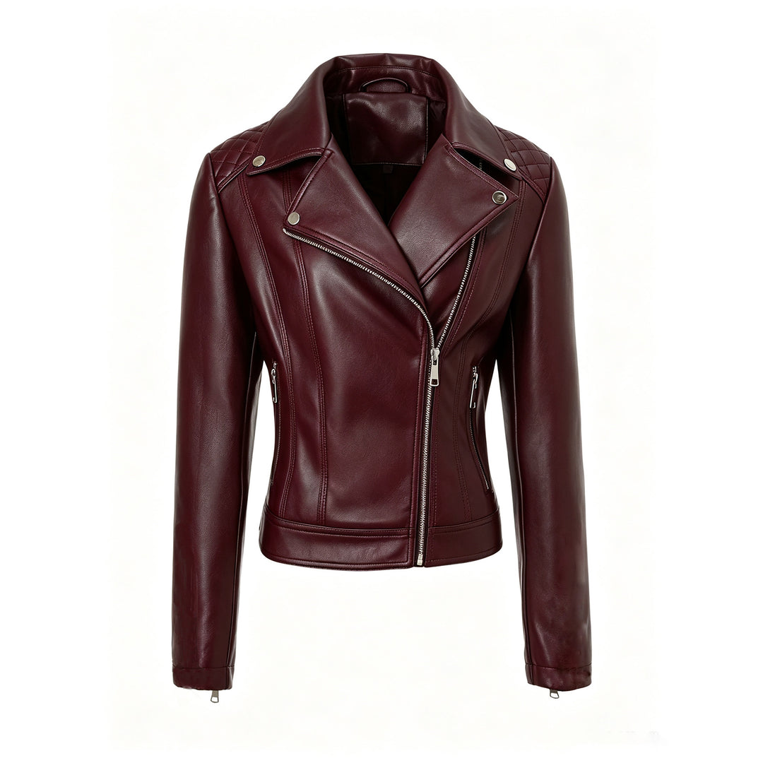 Damen taillierte Biker-Lederjacke mit Stepp-Schultern und asymmetrischem Reißverschluss Nord Taschen