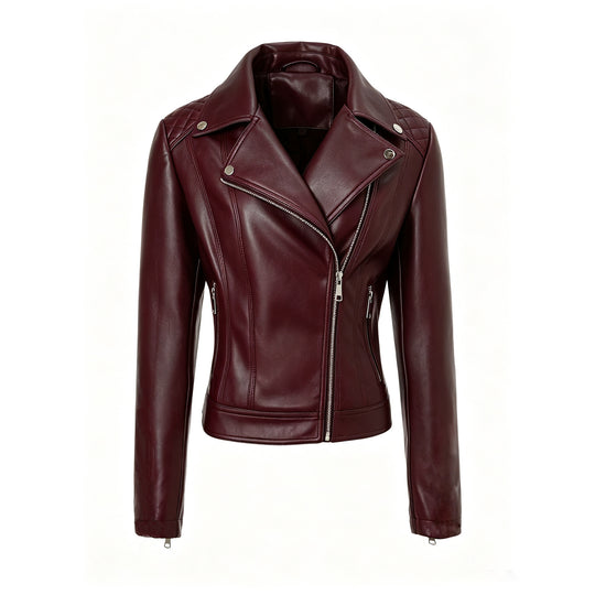 Damen taillierte Biker-Lederjacke mit Stepp-Schultern und asymmetrischem Reißverschluss Nord Taschen