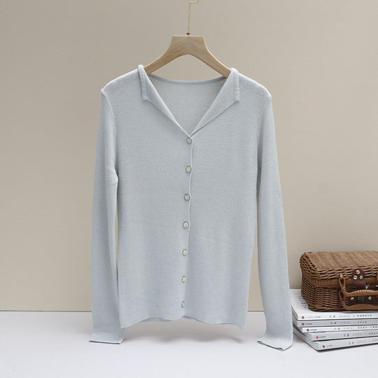 Damen Leichter Feinstrick-Cardigan mit offenem Hemdkragen und schimmernder Knopfleiste Nord Taschen