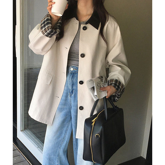 Damen Kurztrenchjacke mit Karofutter und Kontrastkragen Nord Taschen