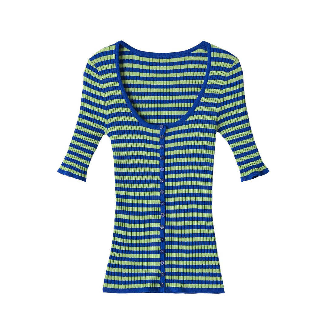 Damen Gerippte Kurzarm-Buttoncardigan mit tiefem Rundhals und figurbetonter Passform Nord Taschen