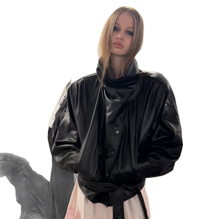 Damen Oversize-Kunstleder-Bomberjacke mit hohem Stehkragen und Taillengürtel Nord Taschen
