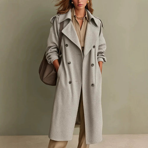 Damen Oversized Doppelreihiger Wollmantel mit weitem Revers Nord Taschen