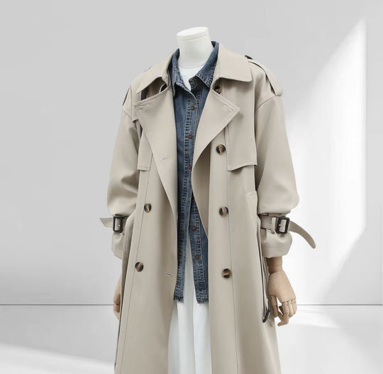 Damen Langer Trenchcoat mit Hochkragen, doppelter Sturmklappe und verstellbaren Manschetten Nord Taschen