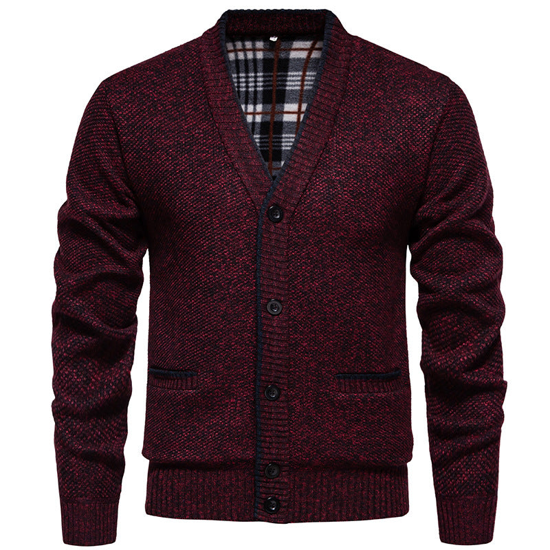 Herren Strukturierter V-Ausschnitt Strickcardigan mit kontrastierter Kante und kariertem Innenbesatz Nord Taschen