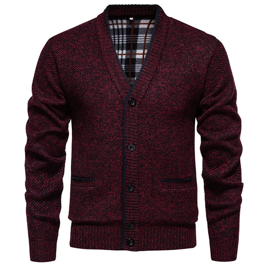 Herren Strukturierter V-Ausschnitt Strickcardigan mit kontrastierter Kante und kariertem Innenbesatz Nord Taschen