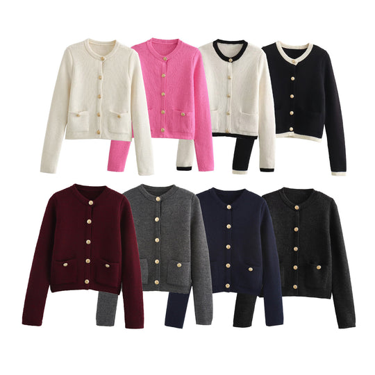 Damen Kurzgeschnittener Bouclé-Cardigan mit Rundhals, Pattentaschen und Münzknöpfen Nord Taschen