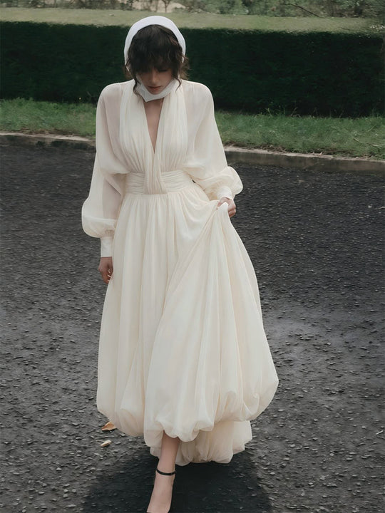 Damen Luftiges Plissiertes Maxikleid mit Ballon‑Saum, V‑Ausschnitt und Schalkragen Nord Taschen