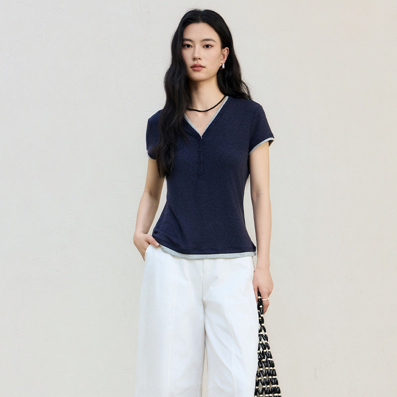 Damen Kurzärmeliges V-Ausschnitt-Henley-Shirt aus Stretch-Jersey mit feiner Knopfleiste Nord Taschen
