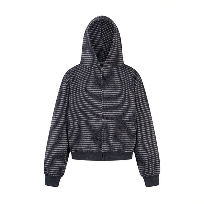 Damen Kurz geschnittene Kapuzen‑Zipjacke mit horizontalem Streifenrelief und elastischem Bund Nord Taschen
