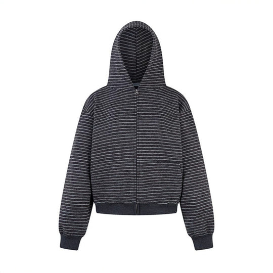 Damen Kurz geschnittene Kapuzen‑Zipjacke mit horizontalem Streifenrelief und elastischem Bund Nord Taschen