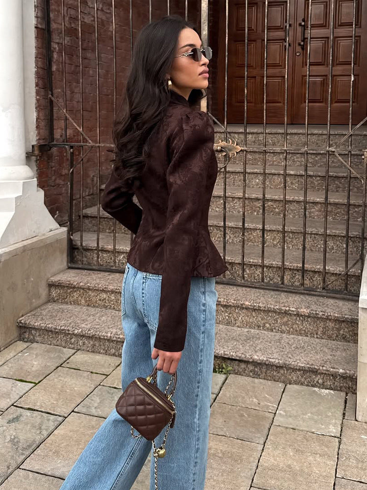 Damen Taillierter Jacquard-Blazer mit Stehkragen, Puffärmeln und Schößchen Nord Taschen
