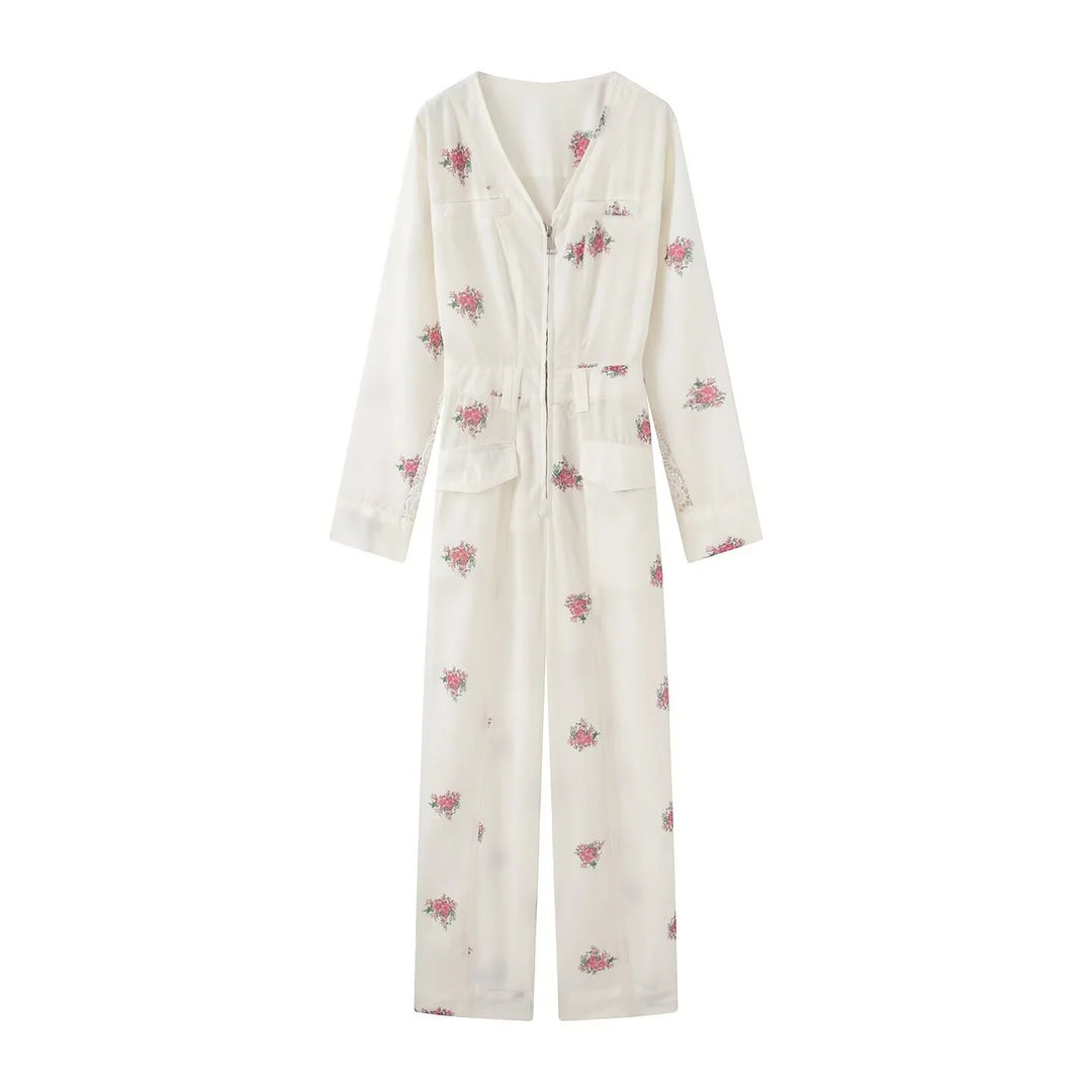 Damen Floral-Print Utility-Jumpsuit mit Reißverschluss, Spitzenbesatz und weitem Bein Nord Taschen