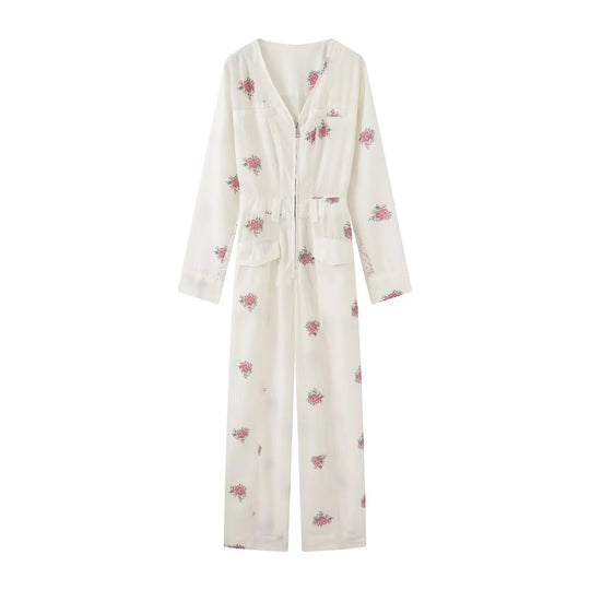 Damen Floral-Print Utility-Jumpsuit mit Reißverschluss, Spitzenbesatz und weitem Bein Nord Taschen