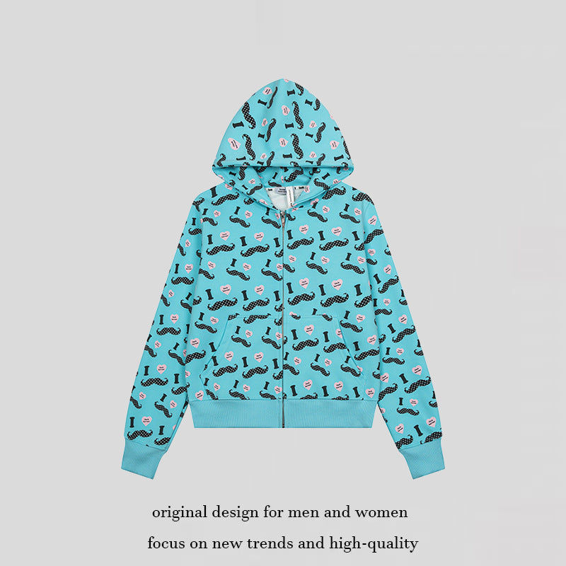 Damen Kurze Kapuzen‑Sweatjacke im Grafik-Print mit Rippbündchen und Kängurutaschen Nord Taschen