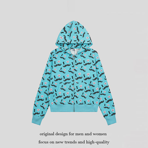 Damen Kurze Kapuzen‑Sweatjacke im Grafik-Print mit Rippbündchen und Kängurutaschen Nord Taschen