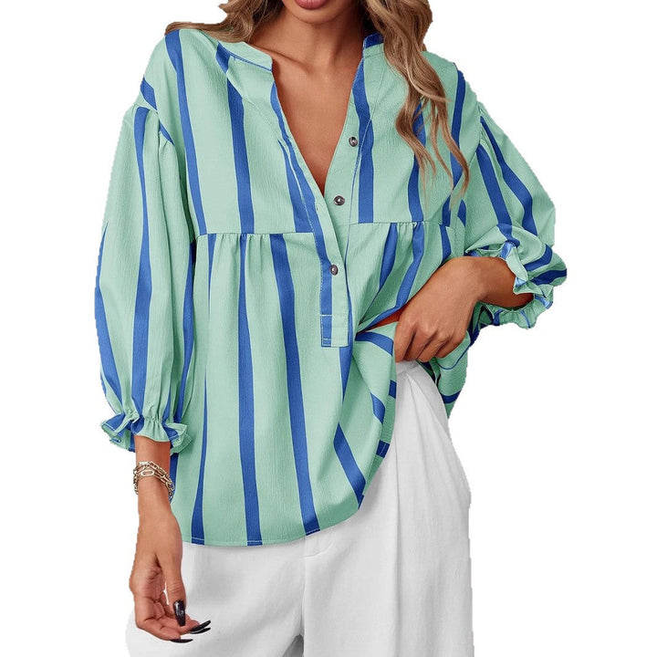 Damen oversize Bluse mit Streifenmuster und Knopfleiste