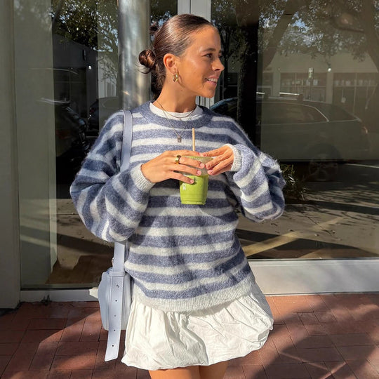 Damen Gestreifter Mohair-Mix Oversize-Pullover mit Ballonärmeln Nord Taschen