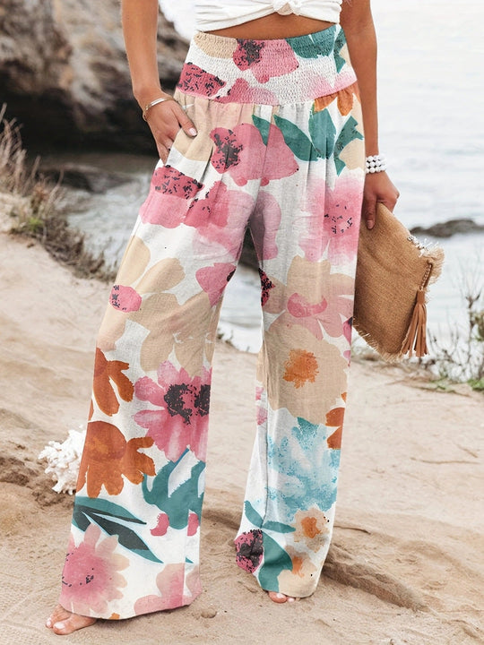 Damen Weit geschnittene Strandhose mit floralem Motiven und elastischem Bund