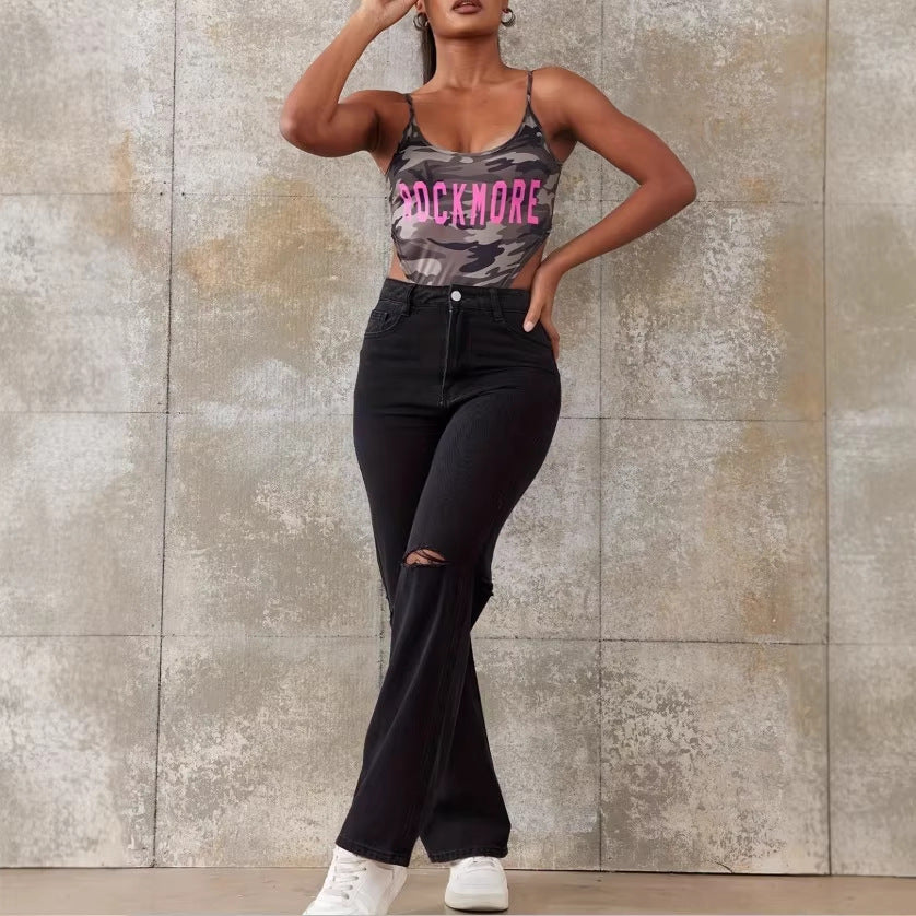 Damen High-Waist Straight-Jeans mit weitem Bein, Knie-Rip und strukturierter Denim-Optik Nord Taschen