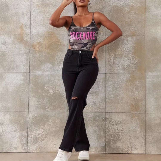 Damen High-Waist Straight-Jeans mit weitem Bein, Knie-Rip und strukturierter Denim-Optik Nord Taschen