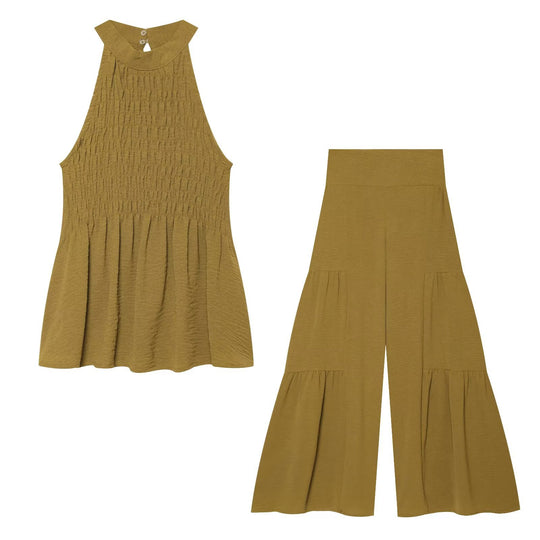 Damen Stufige Wide‑Leg Jersey‑Hose mit hoher Bundpassform und Volantdetails Nord Taschen