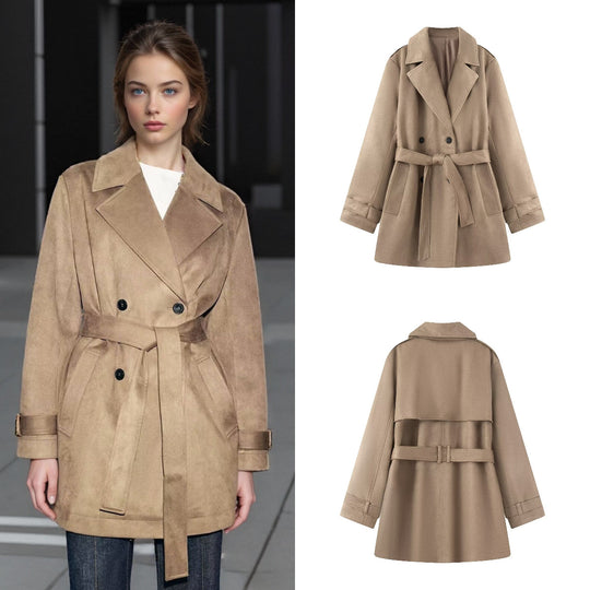 Damen Taillierter Wildlederoptik-Trenchcoat mit Bindegürtel und doppelreihiger Knopfleiste Nord Taschen
