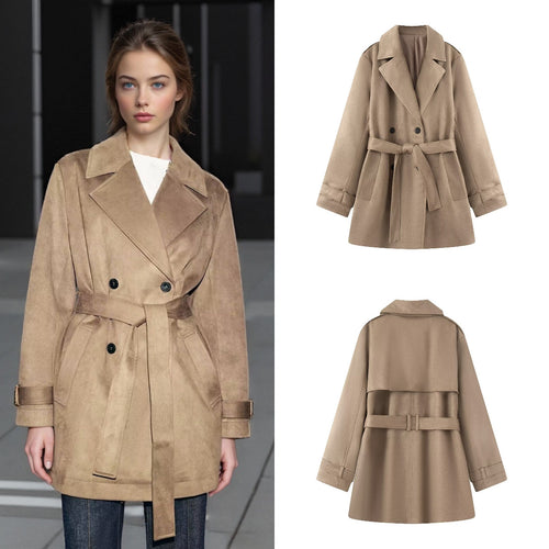 Damen Taillierter Wildlederoptik-Trenchcoat mit Bindegürtel und doppelreihiger Knopfleiste Nord Taschen
