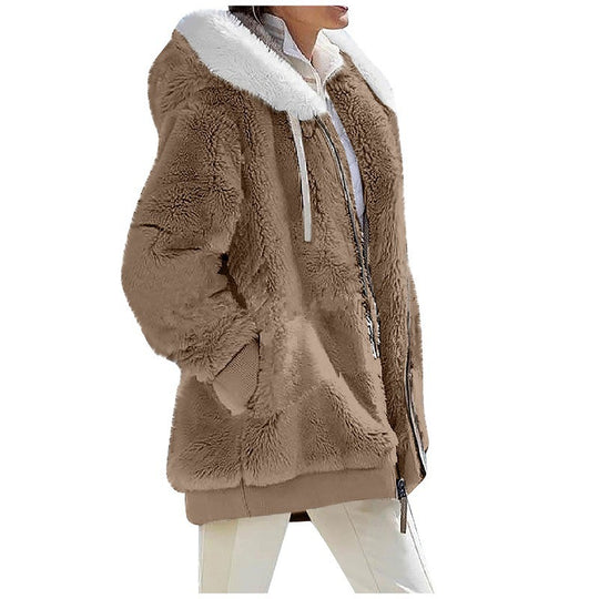 Damen Kuschelige Teddy-Kapuzenjacke mit Kontrastbesatz, Reißverschluss und Eingrifftaschen Nord Taschen
