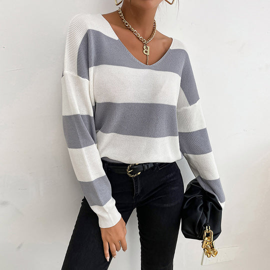 Damen Lässiger V-Ausschnitt Strickpullover mit breiten Streifen Nord Taschen