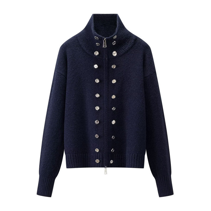 Damen Cropped Strickjacke mit hohem Stehkragen, Zierknopfleiste und Doppelreißverschluss Nord Taschen