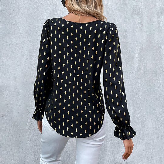 Damen Satin-Blusenshirt mit Rautendruck, leicht taillierter Schnitt und zarten Puffärmeln Nord Taschen
