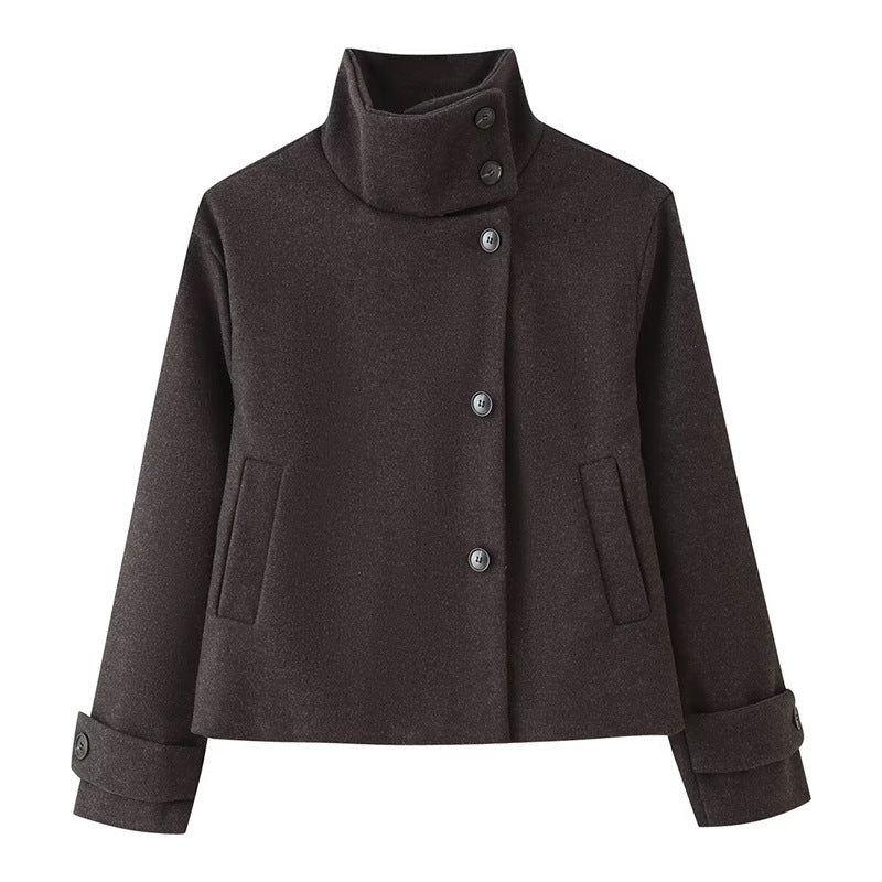 Damen kurze Boxy-Wolljacke mit Stehkragen und Manschetten Nord Taschen